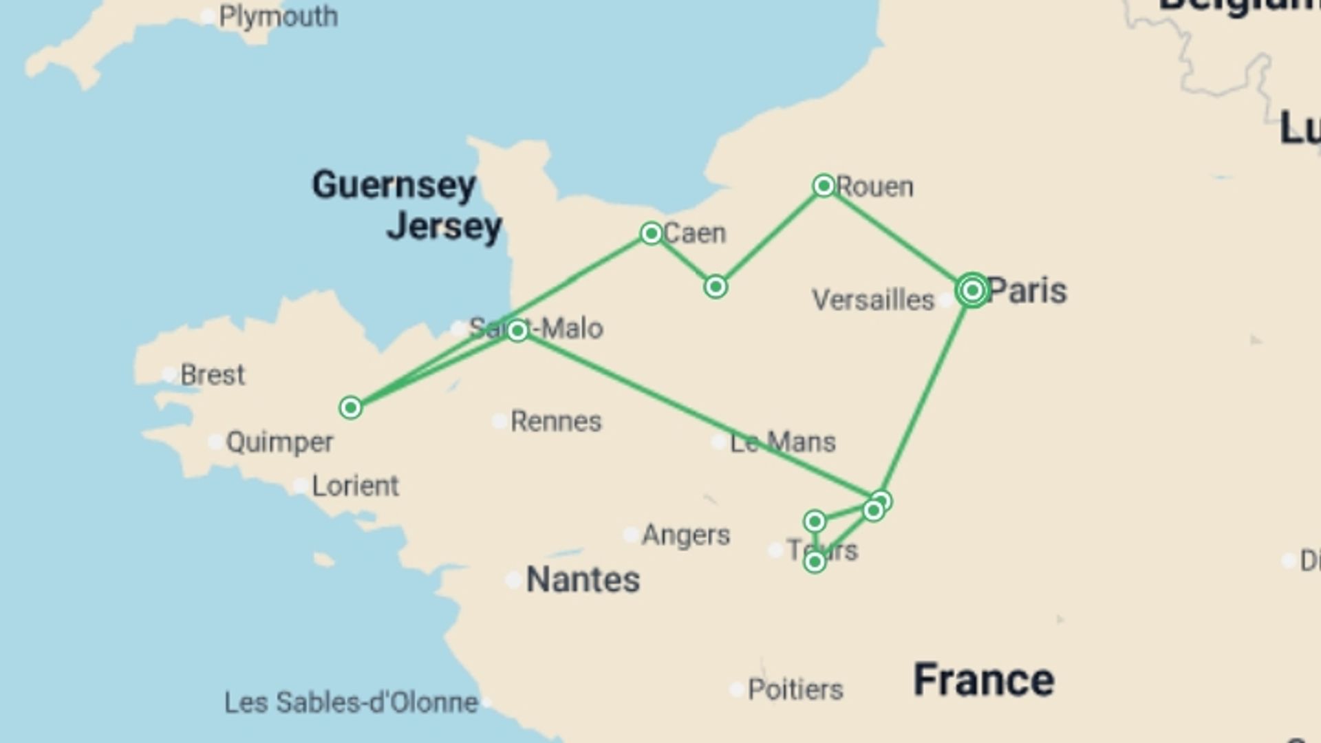 A map showing the tour itinerary for the trip: Best Of France Tour, starting in Paris, France and ending in Paris, France going through 2 other destinations.
