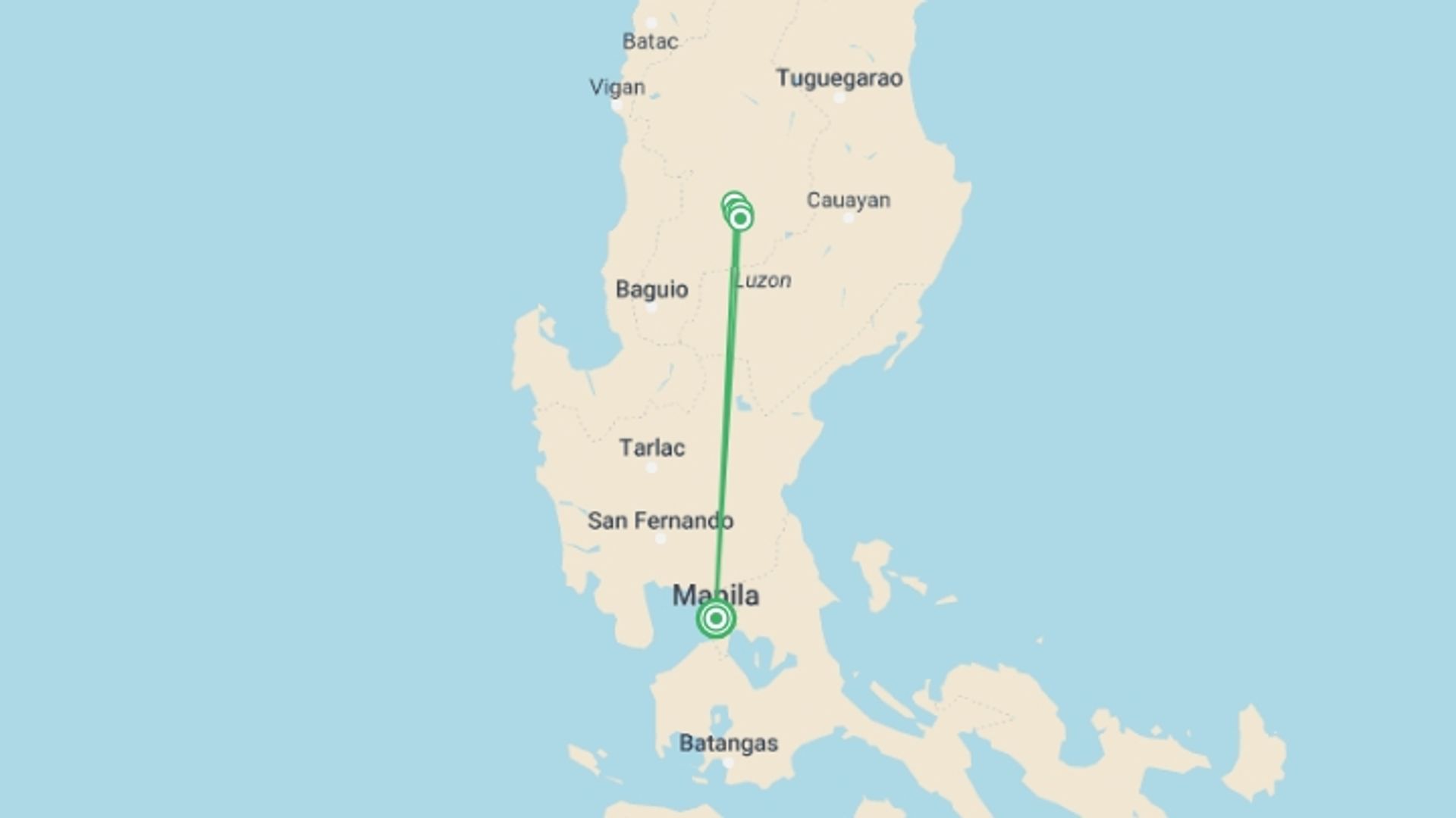 A map showing the tour itinerary for the trip: Explore Ifugao Villages, starting in Manila, Philippines and ending in Manila, Philippines going through 4 other destinations.