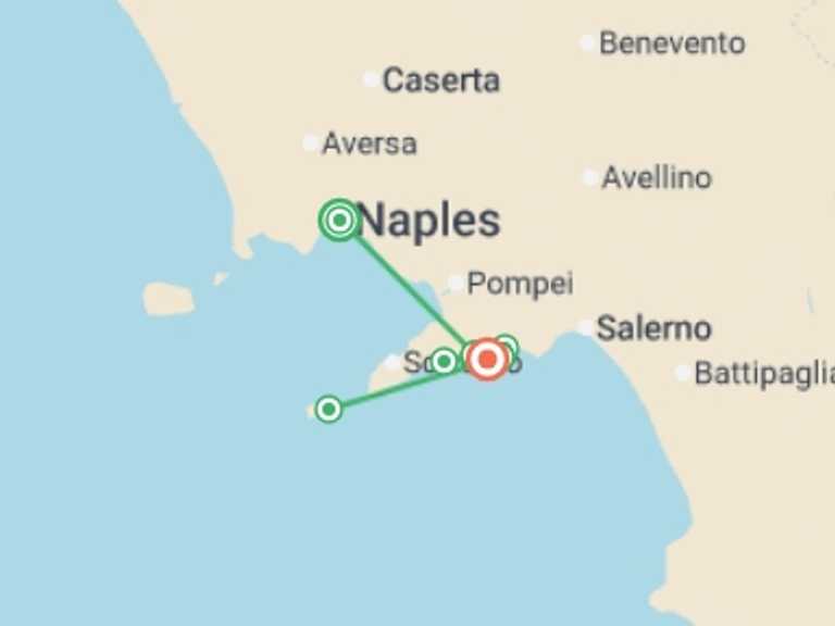 Map of 8-Day Amalfi Coast & Campania Tour with 4 destination visits for the trip: Amalfi Coast: Hike & Kayak