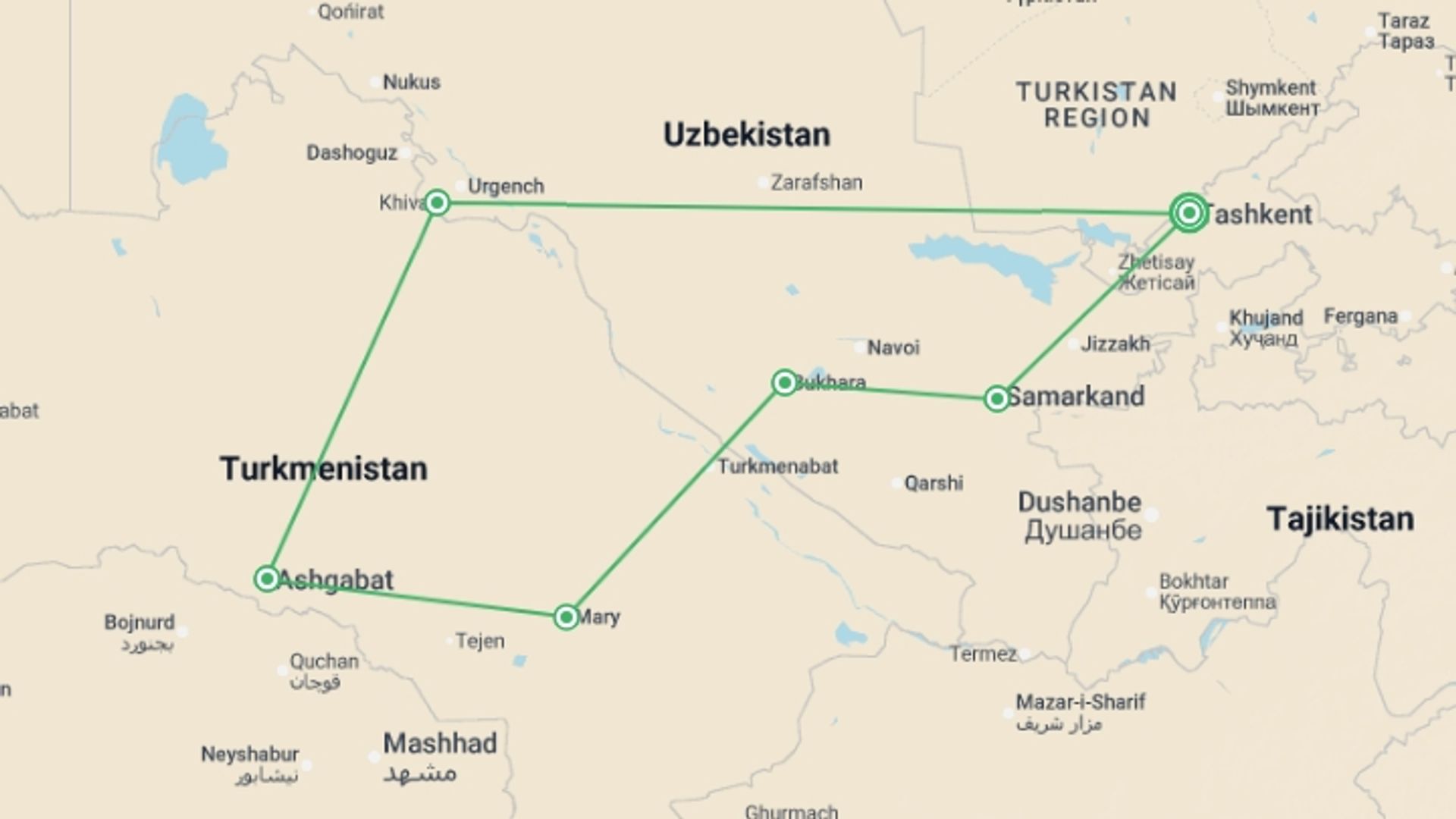 A map showing the tour itinerary for the trip: Central Asia Journey, starting in Tashkent, Uzbekistan and ending in Tashkent, Uzbekistan going through 5 other destinations.