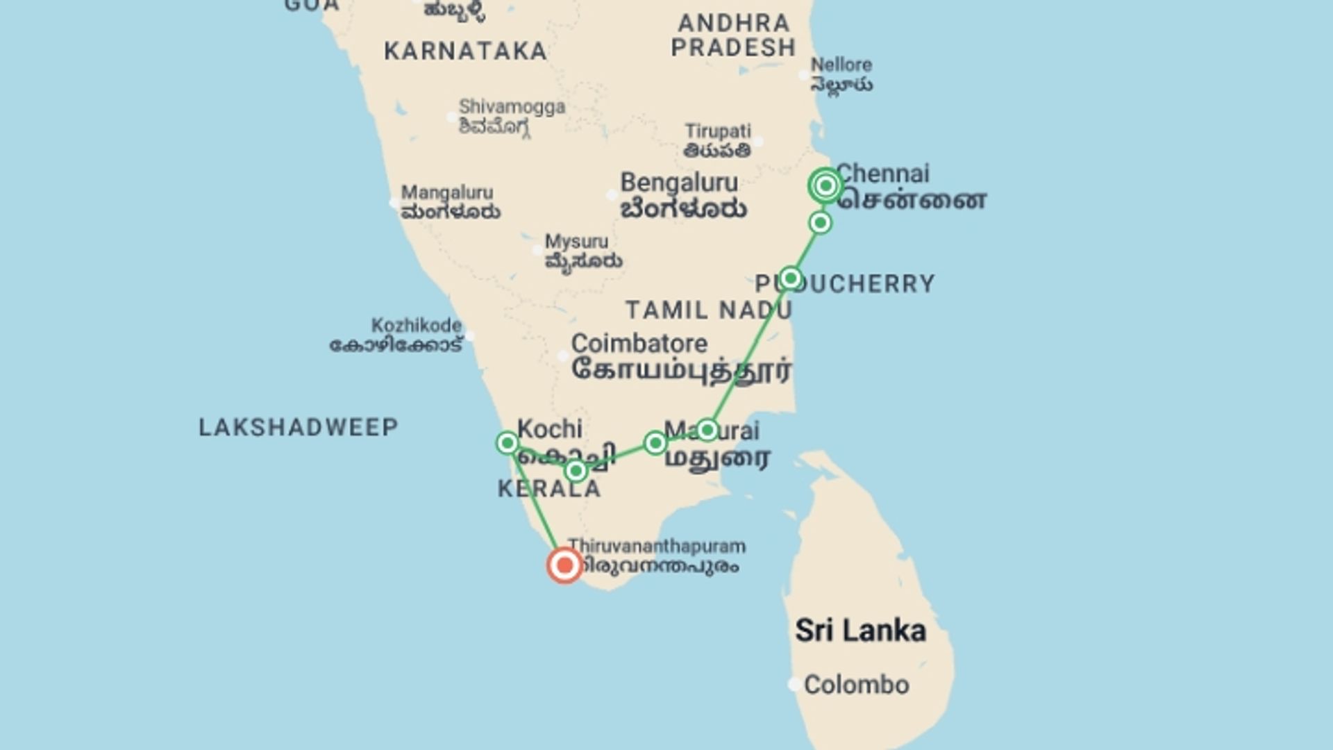 A map showing the tour itinerary for the trip: Classic South India, starting in Chennai, India and ending in Kovalam, India going through 5 other destinations.