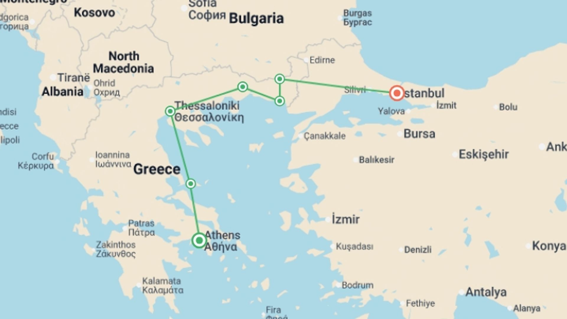 A map showing the tour itinerary for the trip: Greece & Turkey Adventure: Athens to Istanbul, starting in Athens, Greece and ending in Istanbul, Turkey going through 5 other destinations.