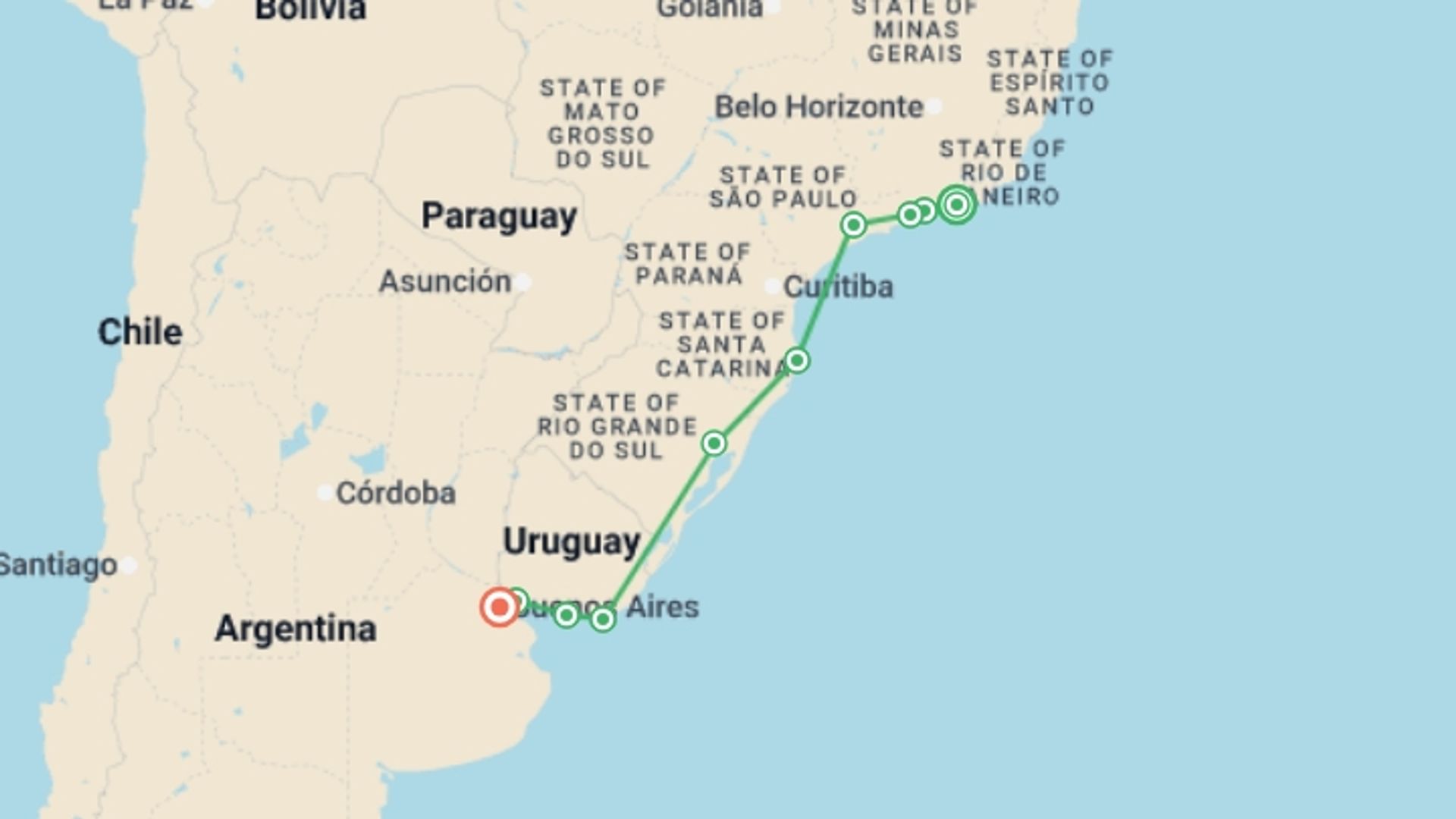 A map showing the tour itinerary for the trip: Rio de Janeiro to Buenos Aires (via Uruguay) Travel Pass, starting in Rio de Janeiro, Brazil and ending in Buenos Aires, Argentina going through 8 other destinations.