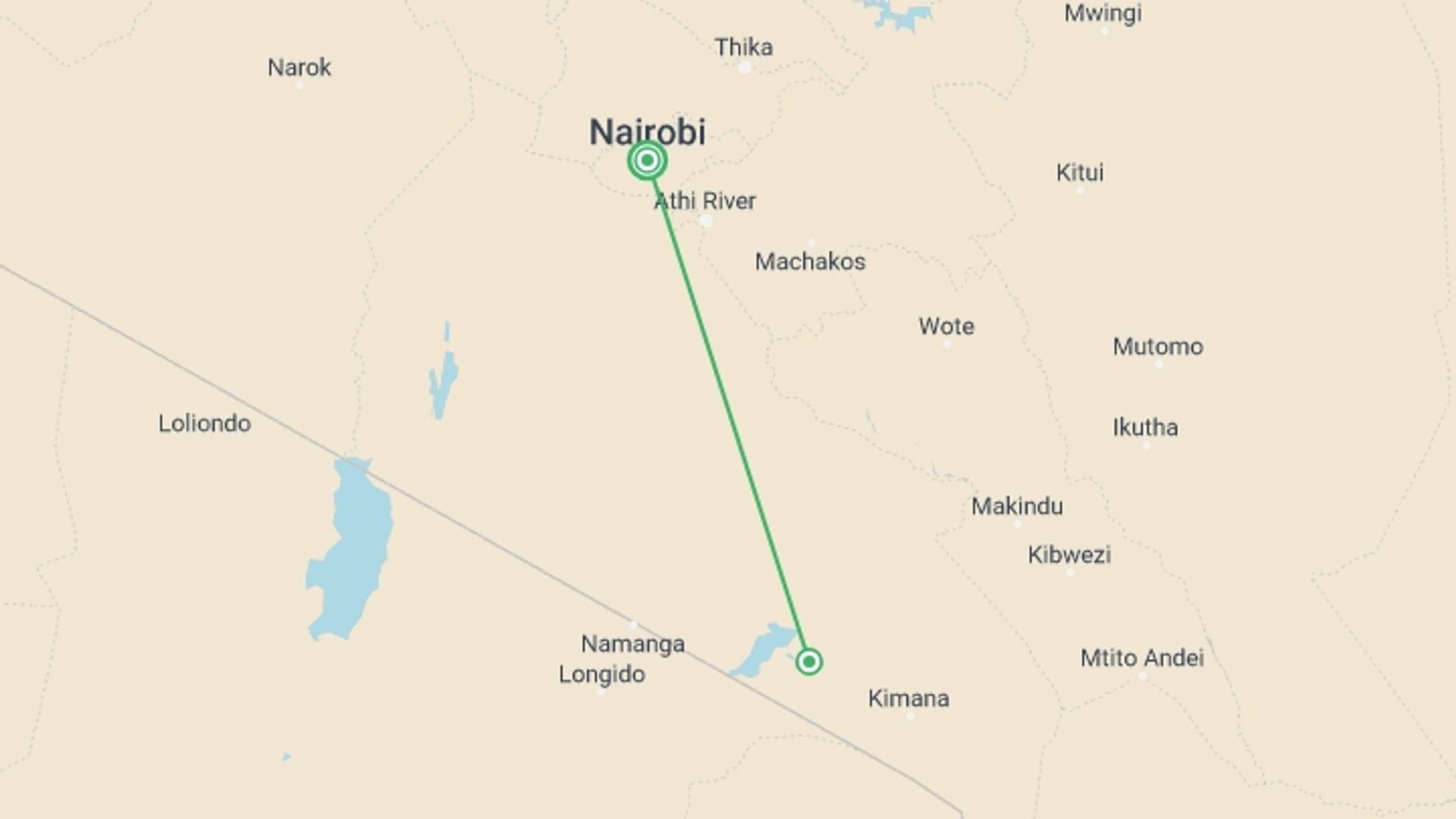 A map showing the tour itinerary for the trip: 3 Days Amboseli Safari (Kili Base Tour), starting in Nairobi, Kenya and ending in Nairobi, Kenya going through 1 other destinations.
