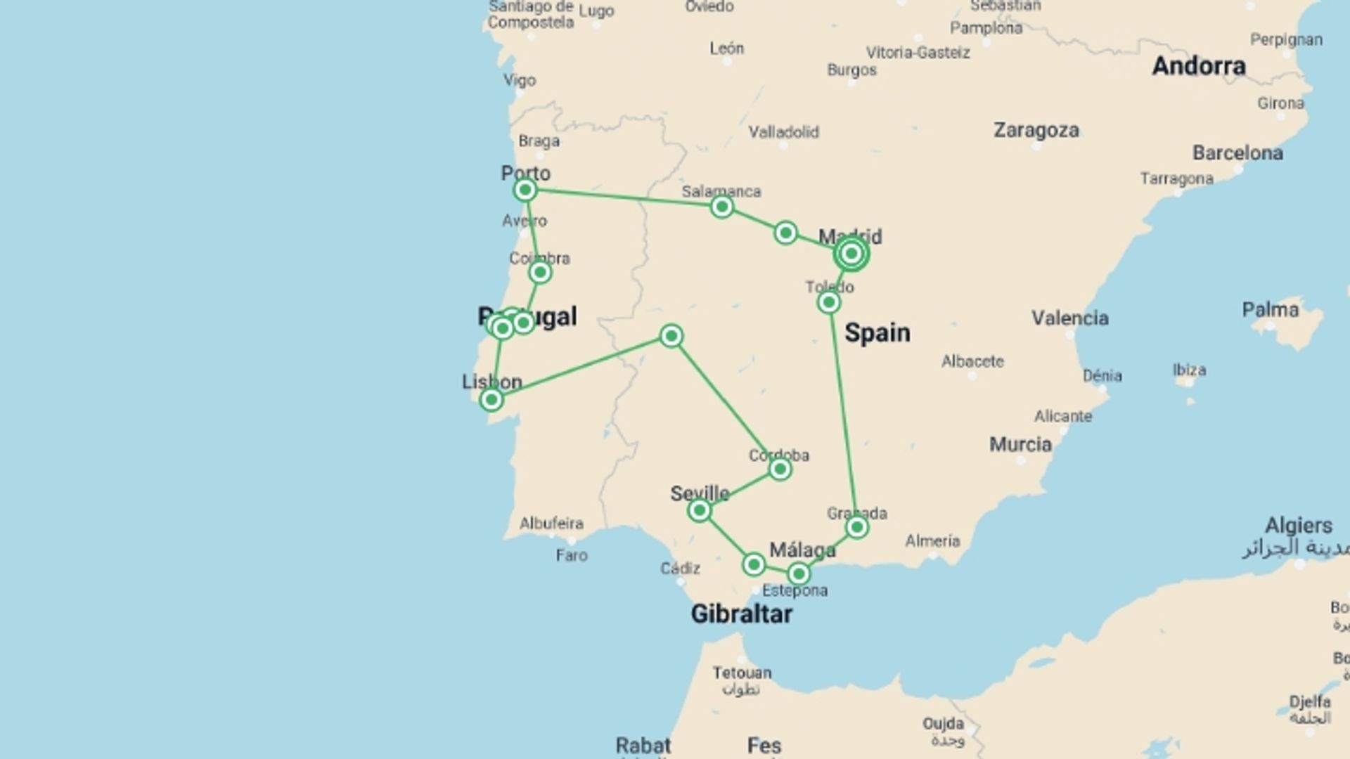 A map showing the tour itinerary for the trip: Grand Iberian Adventure: Spain And Portugal, starting in Madrid, Spain and ending in Madrid, Spain going through 7 other destinations.