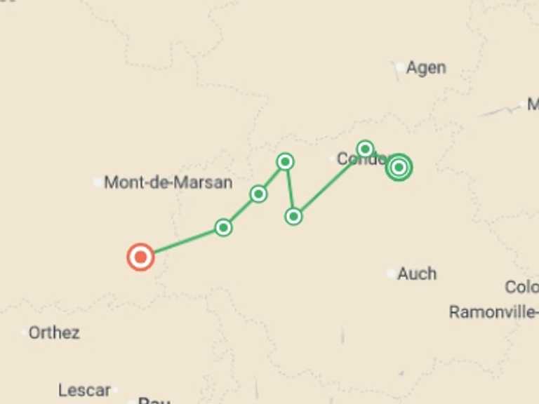 Map of France Walking Tour with 9 destination visits for the trip: Le Puy Camino - Lectoure to Aire sur l'Adour