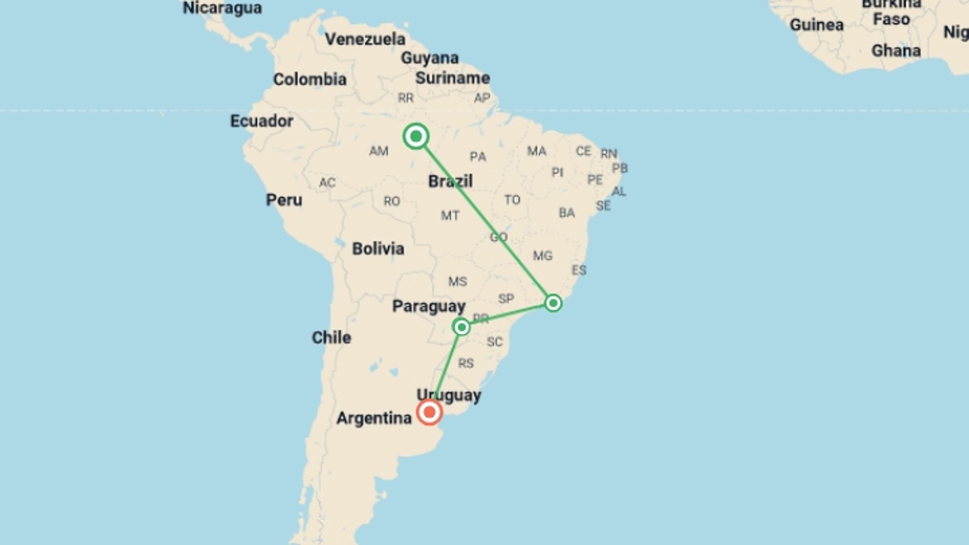 A map showing the tour itinerary for the trip: Impressions of South America, starting in Manaus, Brazil and ending in Buenos Aires, Argentina going through 5 other destinations.