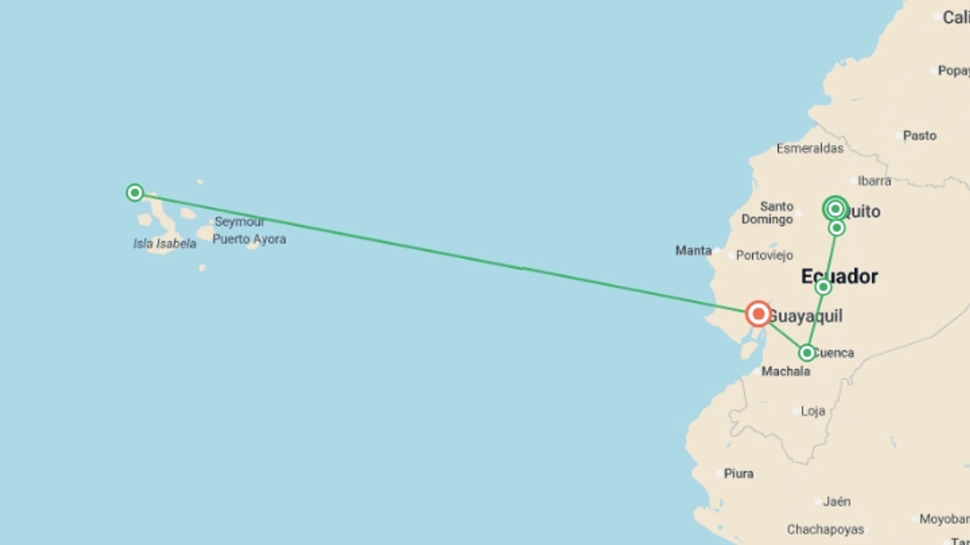 A map showing the tour itinerary for the trip: Ecuador Highlands & Galapagos Islands - 15 days, starting in Quito, Ecuador and ending in Guayaquil, Ecuador going through 4 other destinations.
