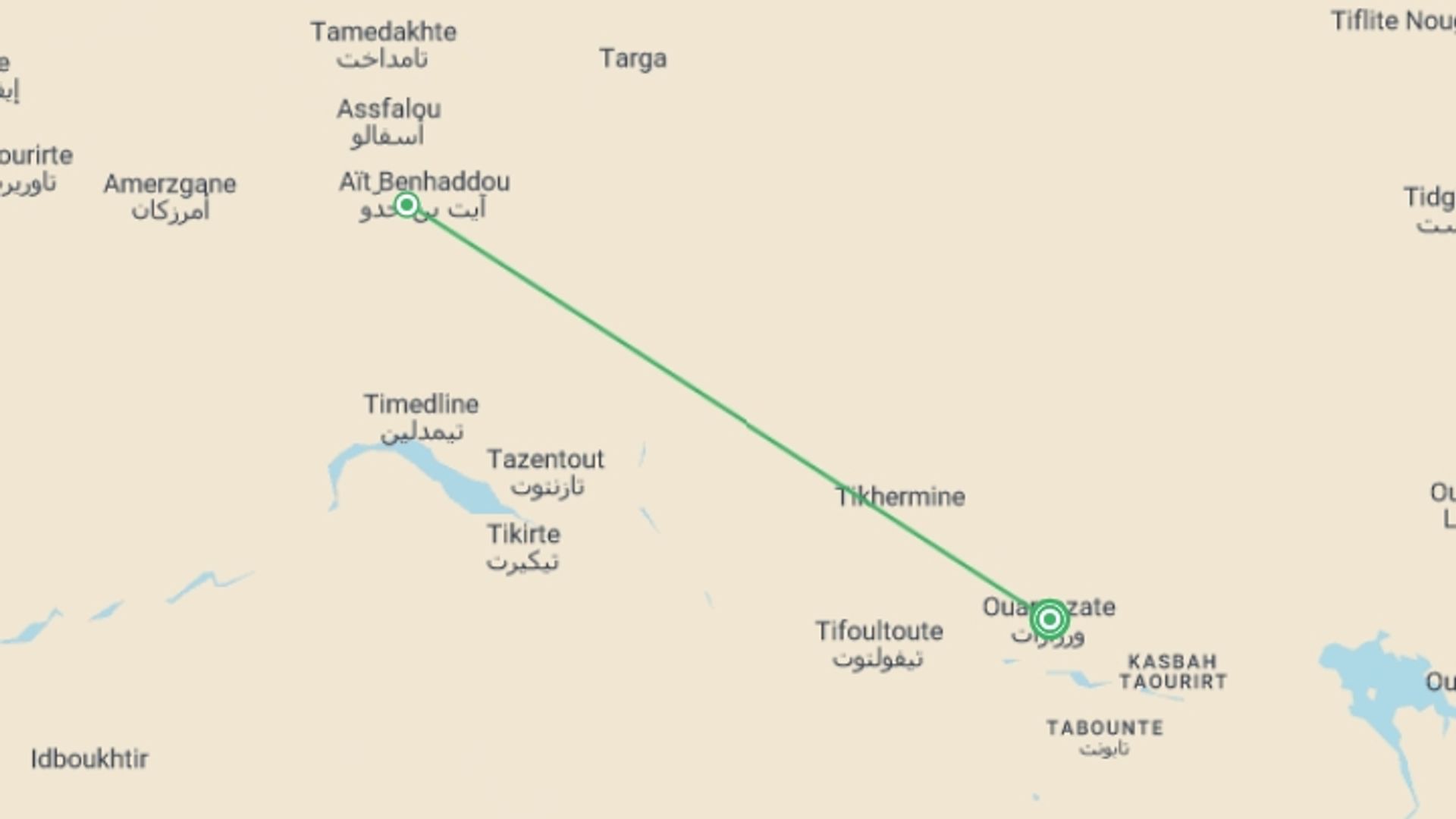 A map showing the tour itinerary for the trip: Ouarzazate & Ait Benhaddou - 4 days, starting in Ouarzazate, Morocco and ending in Ouarzazate, Morocco going through 0 other destinations.