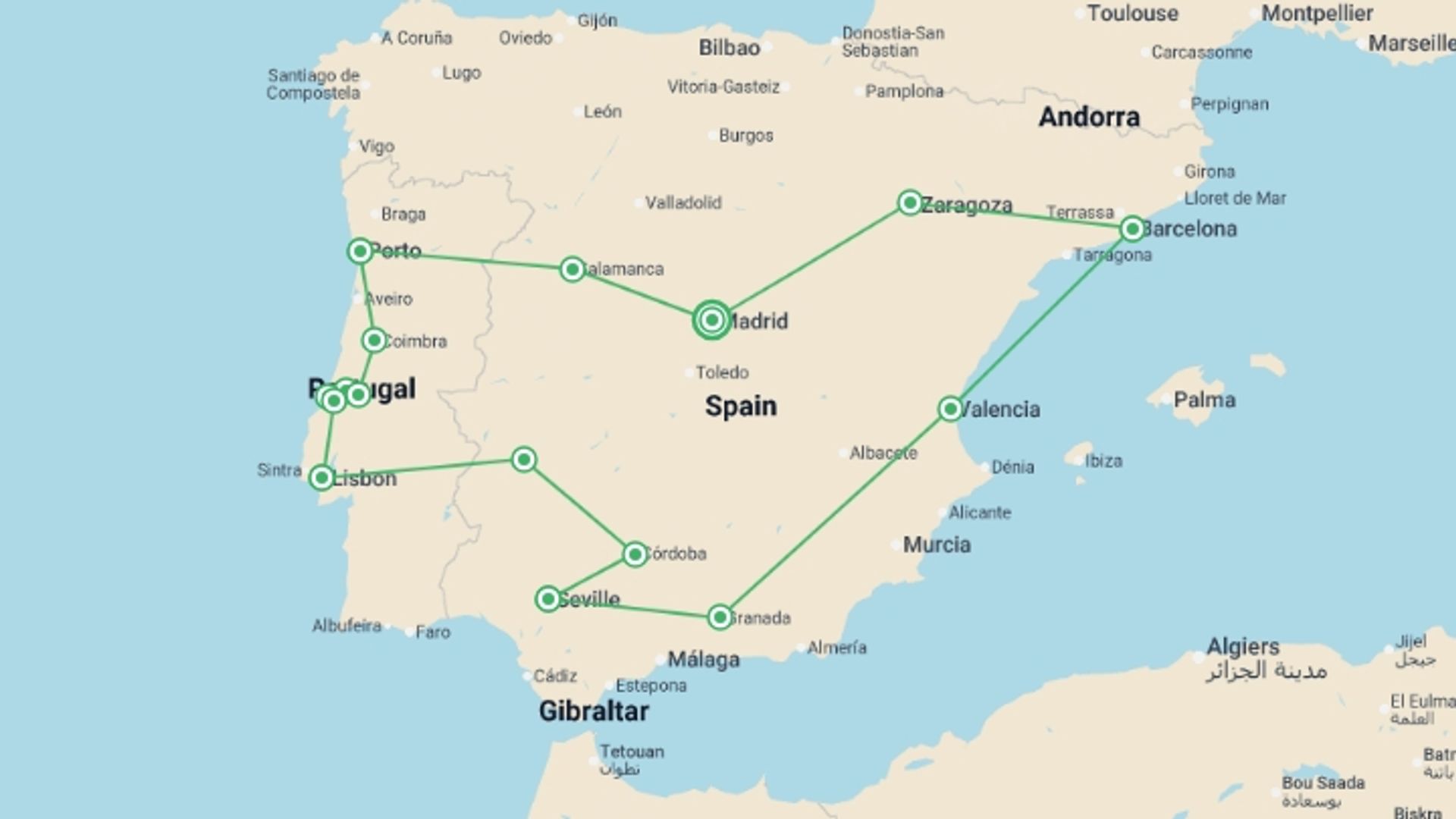 A map showing the tour itinerary for the trip: Portugal, Andalusia & Barcelona - 13 days, starting in Madrid, Spain and ending in Madrid, Spain going through 8 other destinations.