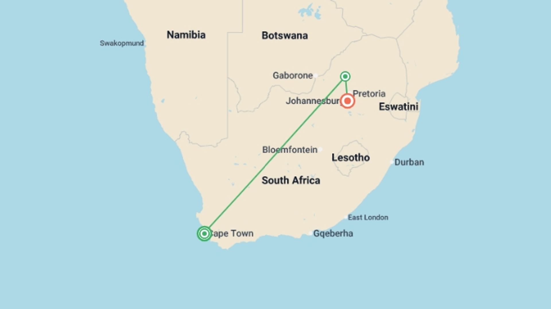 A map showing the tour itinerary for the trip: Icons of Southern Africa, starting in Cape Town, South Africa and ending in Johannesburg, South Africa going through 1 other destinations.