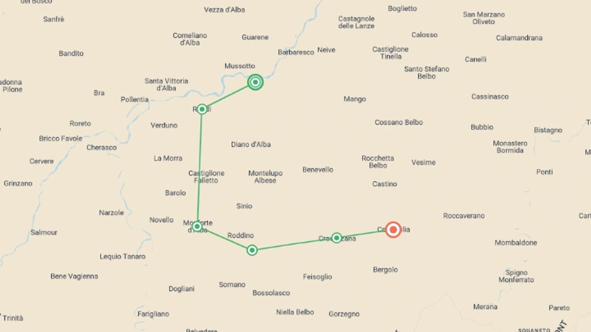 A map showing the tour itinerary for the trip: Piedmont: Land of Barolo and Barbera, starting in Alba, Italy and ending in Cortemilia, Italy going through 5 other destinations.