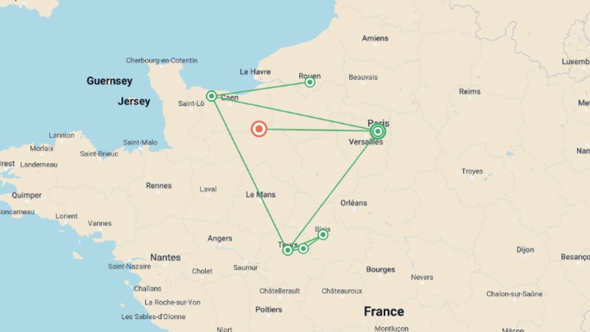 A map showing the tour itinerary for the trip: Scenic Paris Normandy and Loire Self Drive, starting in Paris, France and ending in Normandy, France going through 2 other destinations.