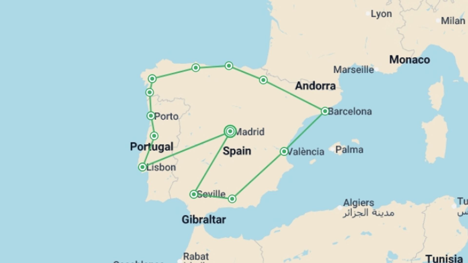 A map showing the tour itinerary for the trip: Highlights of Iberia - 18 days, starting in Madrid, Spain and ending in Madrid, Spain going through 12 other destinations.