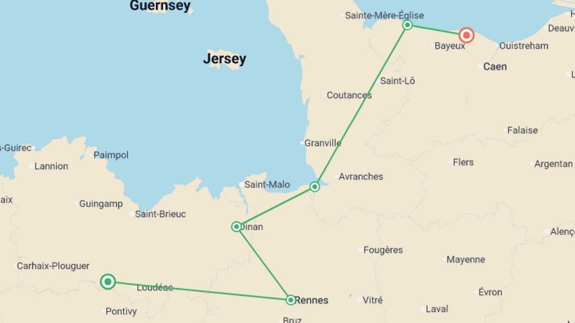 A map showing the tour itinerary for the trip: Cycle Northern France: Brittany to Normandy, starting in Brittany, France and ending in Saint Aubin Sur Mer , France going through 6 other destinations.