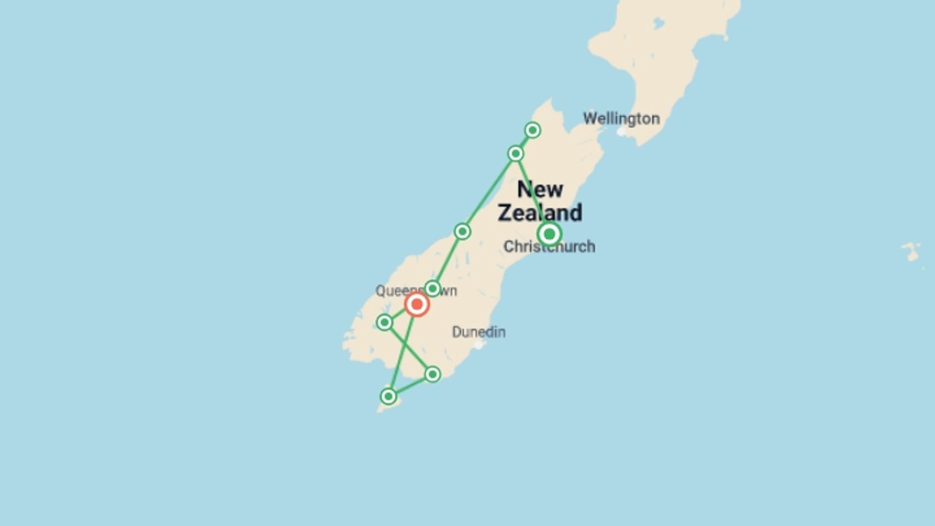 A map showing the tour itinerary for the trip: New Zealand South Island Adventure, starting in Christchurch, New Zealand and ending in Queenstown, New Zealand going through 7 other destinations.