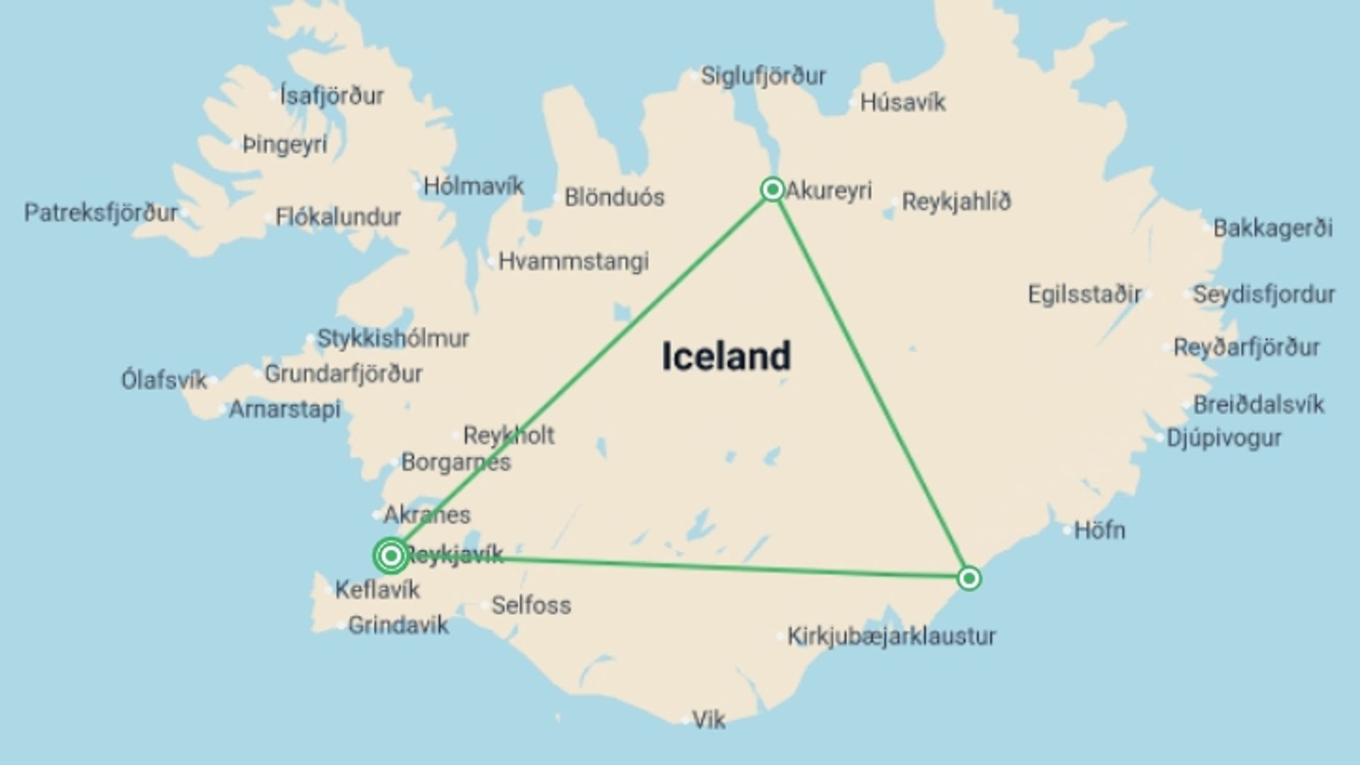 A map showing the tour itinerary for the trip: Iceland: Lagoons & Lava Fields, starting in Reykjavik, Iceland and ending in Reykjavik, Iceland going through 2 other destinations.