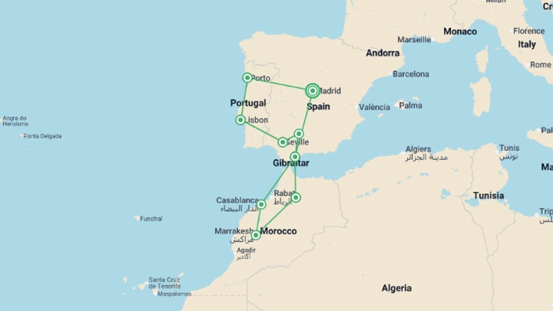 A map showing the tour itinerary for the trip: Iberian Capitals, Andalucia & Morocco - 17 days, starting in Madrid, Spain and ending in Madrid, Spain going through 8 other destinations.