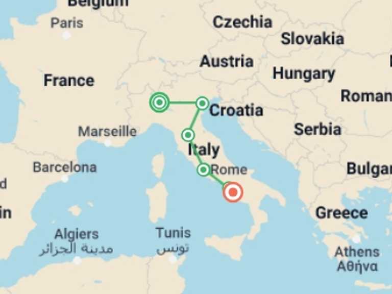 Map of a Cultural, religious and historic sites Tour with 9 destination visits for the trip: Absolute Italy: Milan to the Amalfi Coast