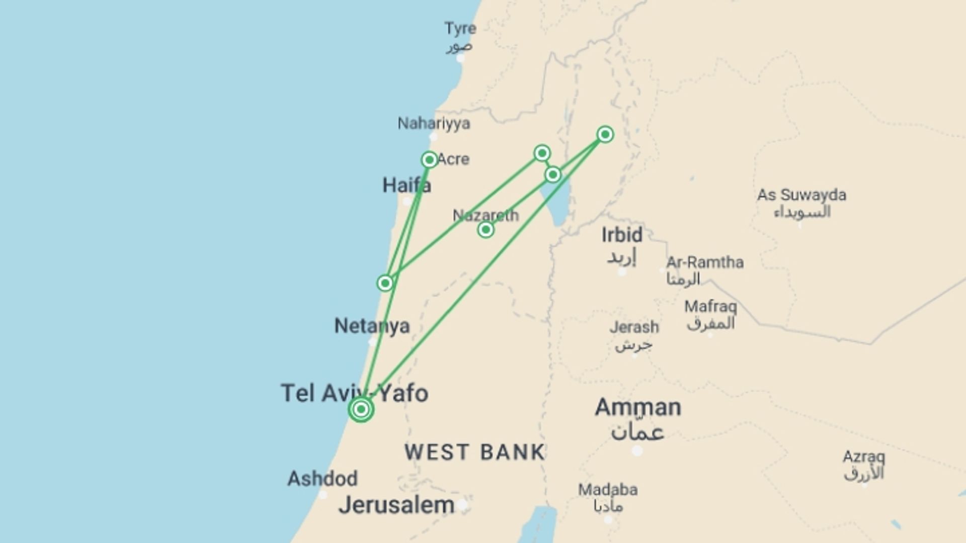 A map showing the tour itinerary for the trip: Nazareth, Caesarea And Golan Tour, 3 Days From Tel Aviv, starting in Tel Aviv, Israel and ending in Tel Aviv, Israel going through 4 other destinations.