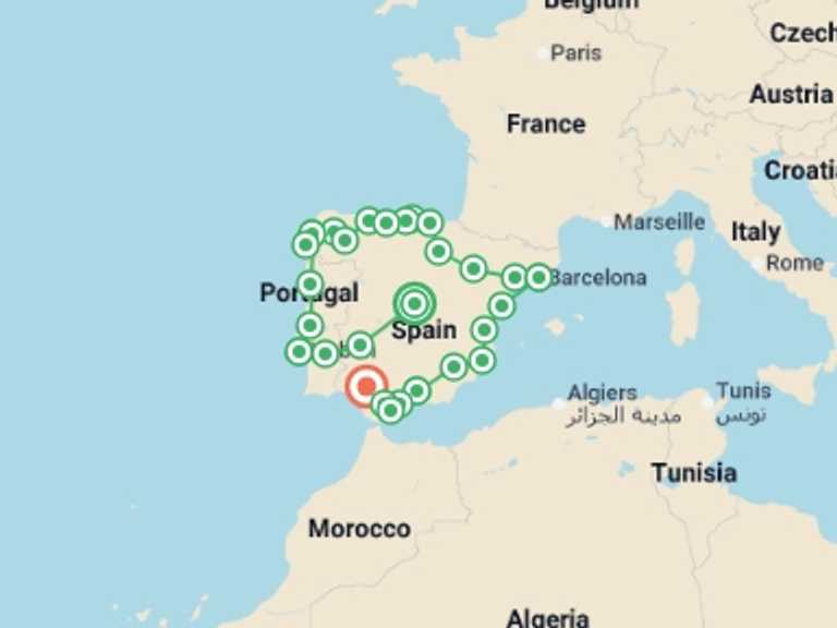Map itinerary of Lisbon Tour in December 2025 with 11 destination visits for the trip: Great Iberian Tour end Seville