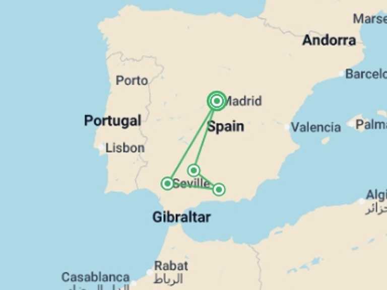 Map of Spain Art and architecture Tour with 4 destination visits for the trip: All You Need Is Spain – Madrid With Andalusia