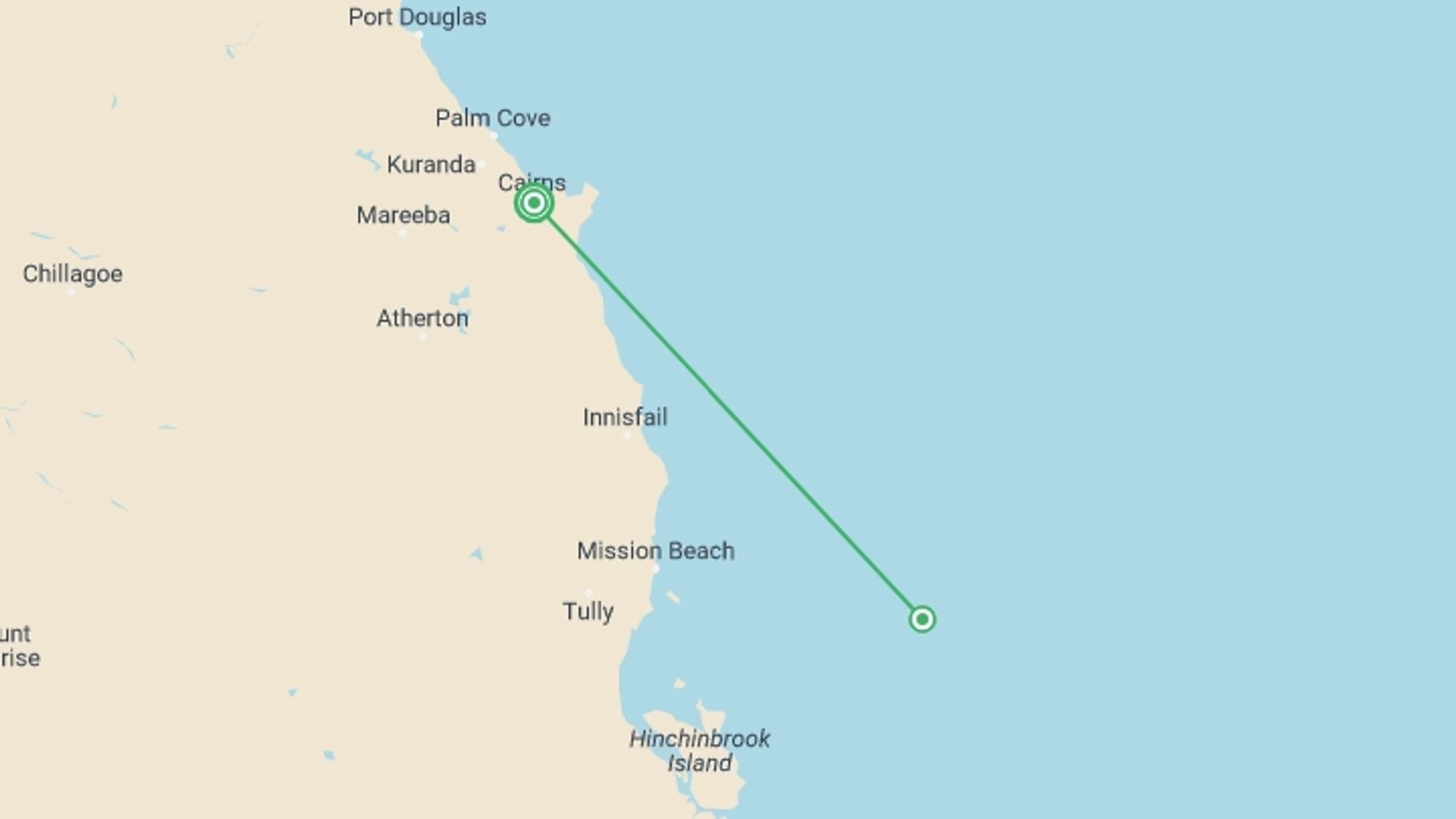 A map showing the tour itinerary for the trip: Great Barrier Reef Explorer, starting in Cairns, Australia and ending in Cairns, Australia going through 0 other destinations.