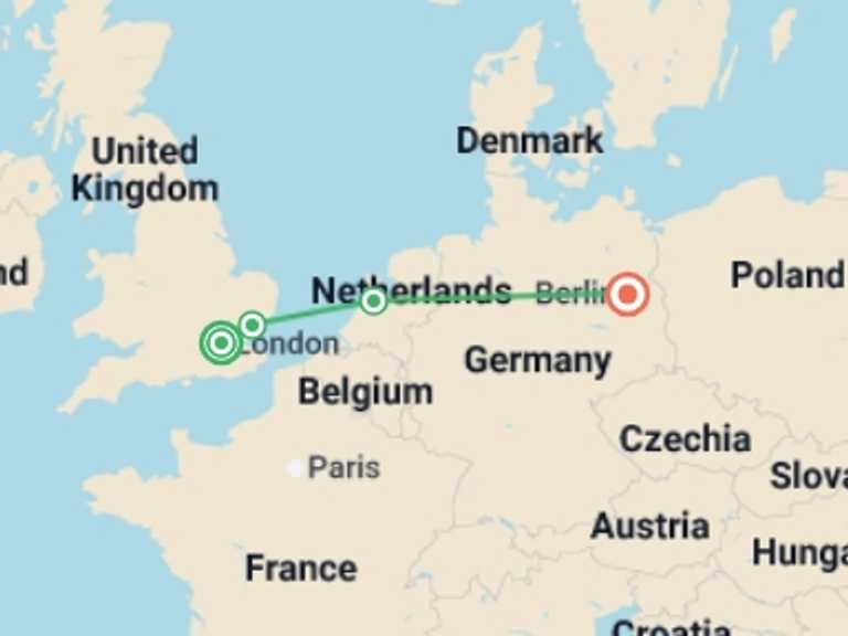 Map itinerary of Europe Tour in Fall with 4 destination visits for the trip: Northern Route end Berlin GO