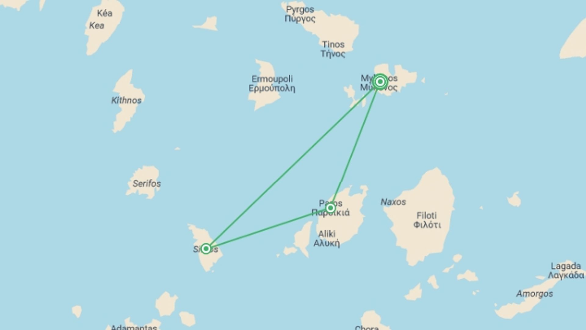 A map showing the tour itinerary for the trip: Island Hopping, A Glimpse Of The Cyclades: Mykonos, Sifnos & Paros, starting in Mykonos, Greece and ending in Mykonos, Greece going through 2 other destinations.