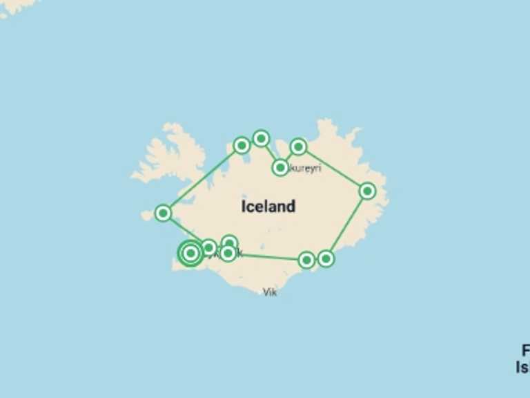 Map itinerary of Reykjavik Tour in May 2027 with 7 destination visits for the trip: Premium Iceland