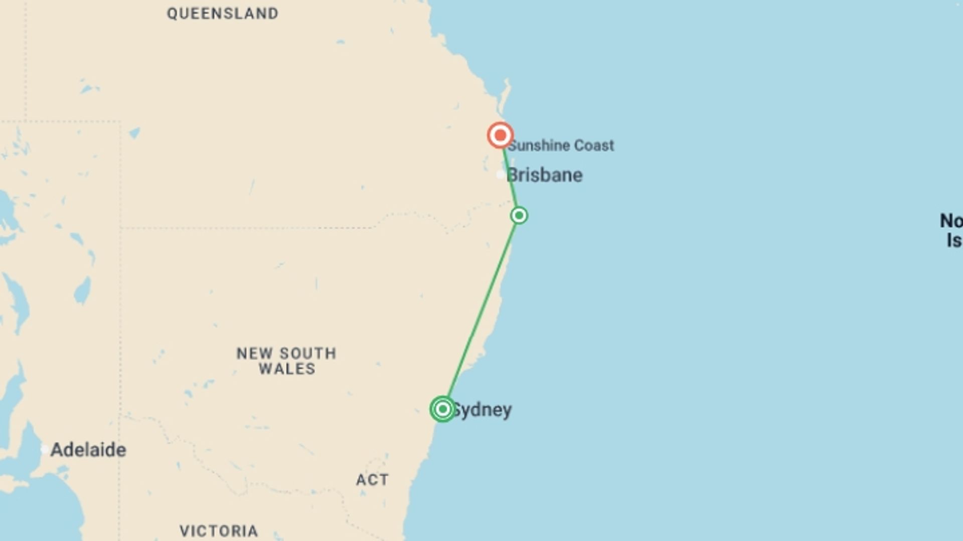 A map showing the tour itinerary for the trip: Australia: City to Surf, starting in Sydney and NSW, Australia and ending in Noosa Everglades, Australia going through 2 other destinations.
