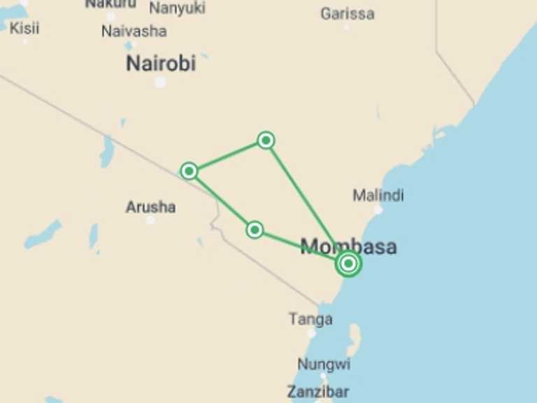 Map of Kenya Tour with 4 destination visits for the trip: Mombasa Rendezvous (on Request)