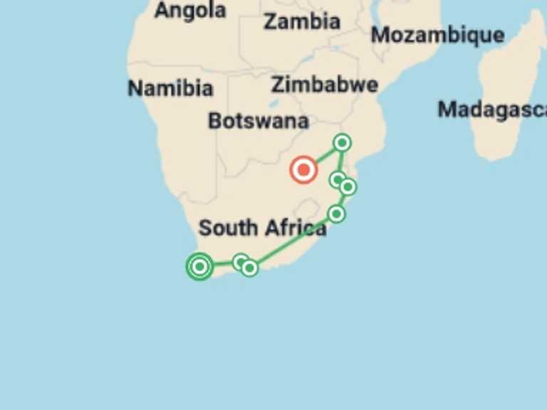 Map of 12-Day Cape Town Tour with 8 destination visits for the trip: South Africa Discovery