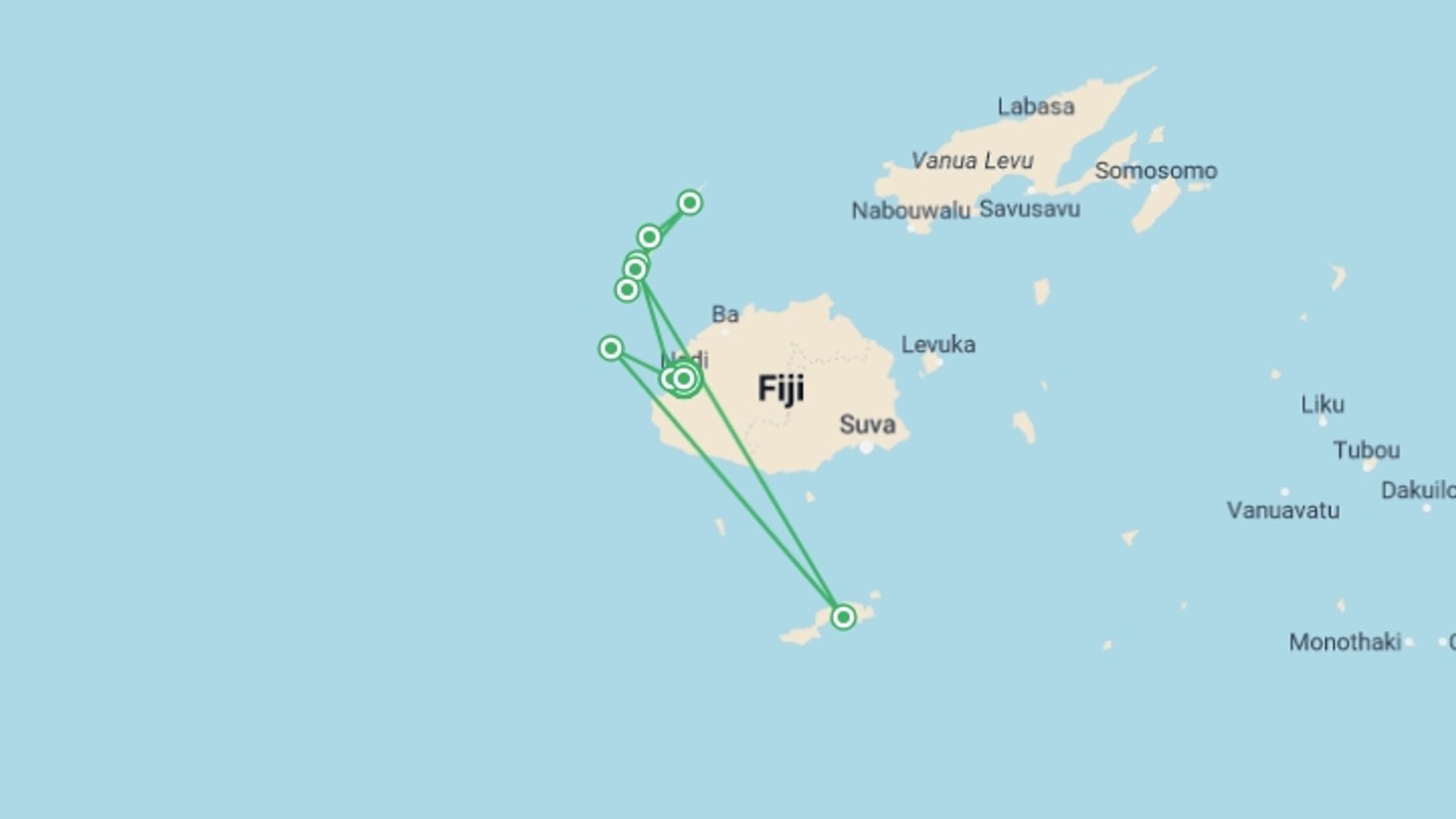 A map showing the tour itinerary for the trip: Amazing Fiji With Blue Lagoon Cruises, starting in Nadi, Fiji and ending in Nadi, Fiji going through 7 other destinations.