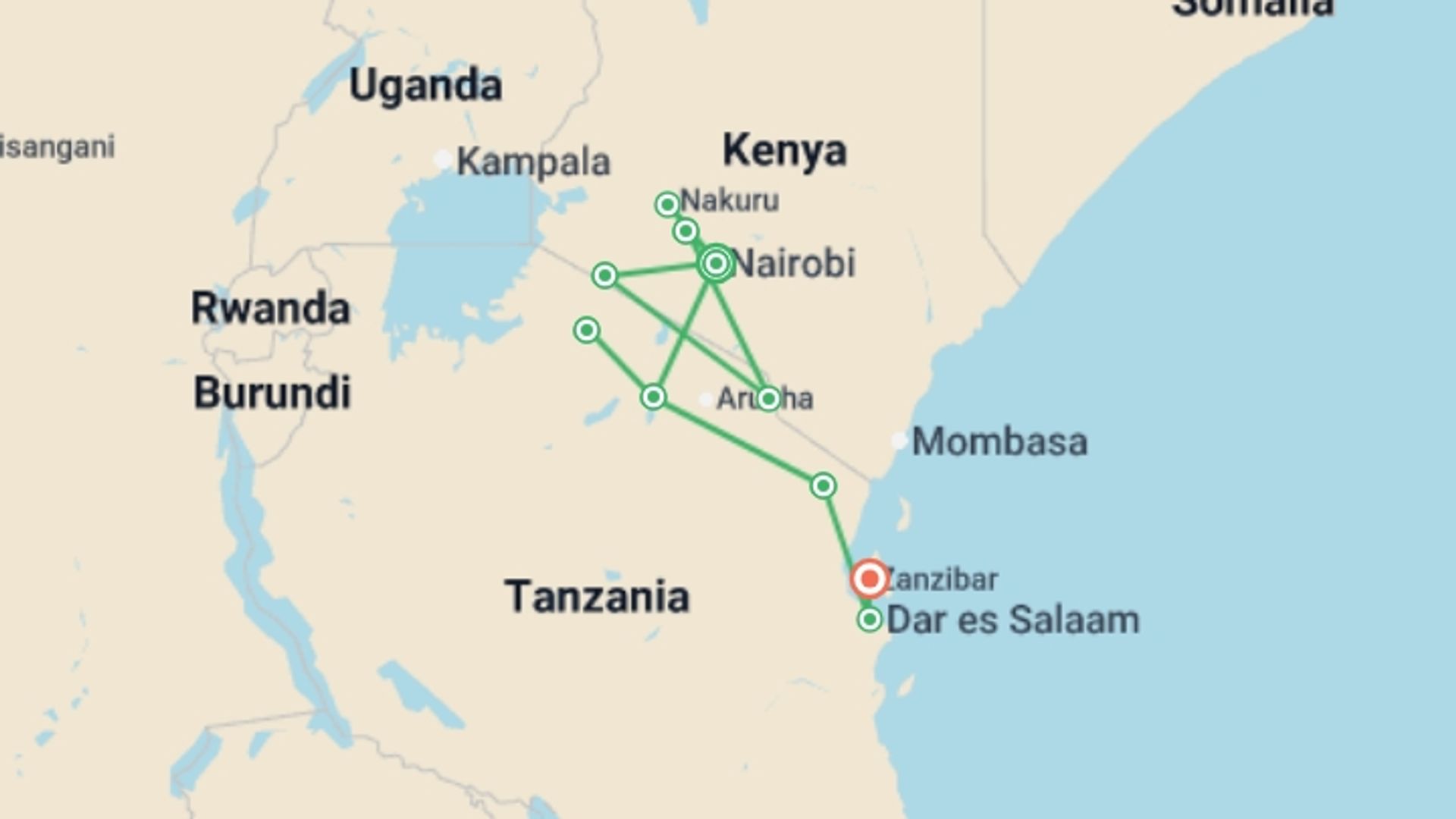 A map showing the tour itinerary for the trip: Best of East Africa, starting in Nairobi, Kenya and ending in Zanzibar, Tanzania going through 9 other destinations.