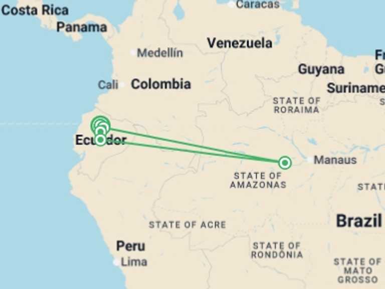Map itinerary of South America Tour in September 2026 with 5 destination visits for the trip: Totally Ecuador - 9 days