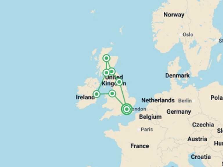 Map itinerary of Ireland Tour in October 2025 with 7 destination visits for the trip: Leisurely United Kingdom