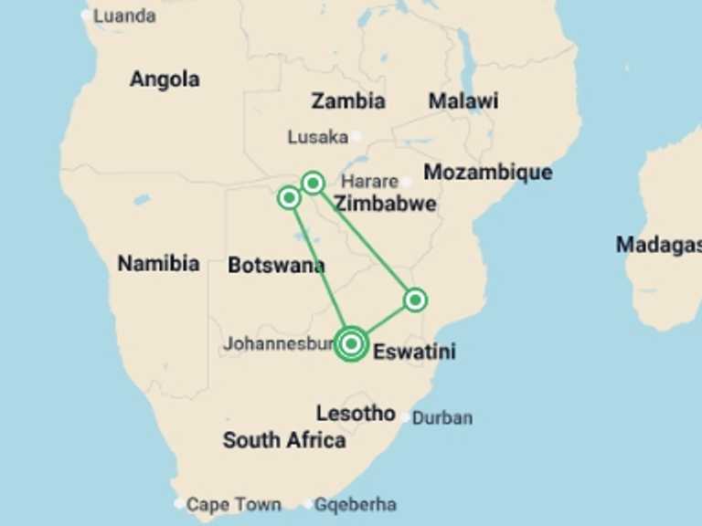 Map of 10-Day Africa Tour with 4 destination visits for the trip: Signature: Southern Africa's Kruger, Chobe & Victoria Falls