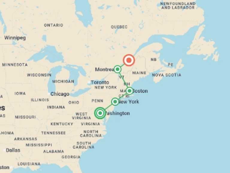 Map of Washington D.C. City sightseeing Tour with 5 destination visits for the trip: Touring the East Coast from Washington