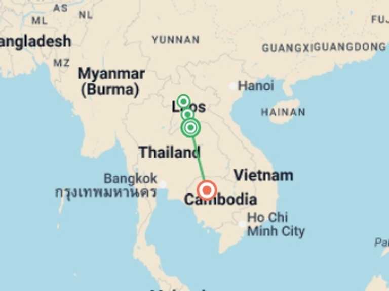 Map itinerary of Luang Prabang Tour in August 2026 with 4 destination visits for the trip: Hiking & Culture in Laos & Cambodia - 11 days
