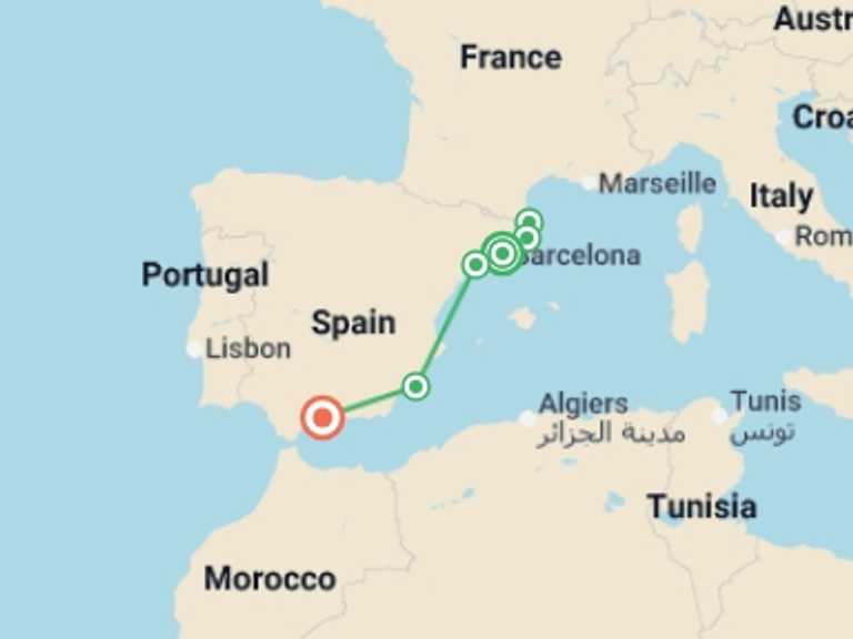 Map of Europe Tour with 5 destination visits for the trip: Barcelona to MalagaFollowing the footsteps of three wondrous Spanish artists: Gaudi, Dali, and Picasso (port-to-port package)