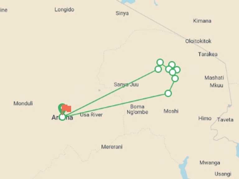 Map of 9-Day Arusha Tour with 10 destination visits for the trip: 7 Days Kilimanjaro climbing Machame Route 