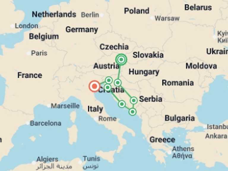 Map of Europe Explorer Tour with 8 destination visits for the trip: East of Europe and Venice