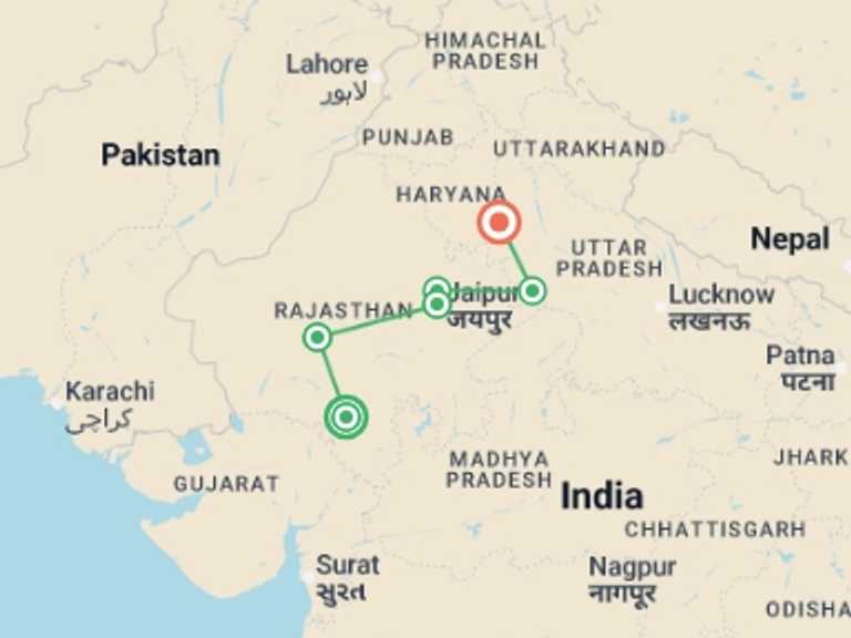 Map of 9-Day New Delhi Tour with 6 destination visits for the trip: India Luxury Tour: Fort & Palace of Rajasthan