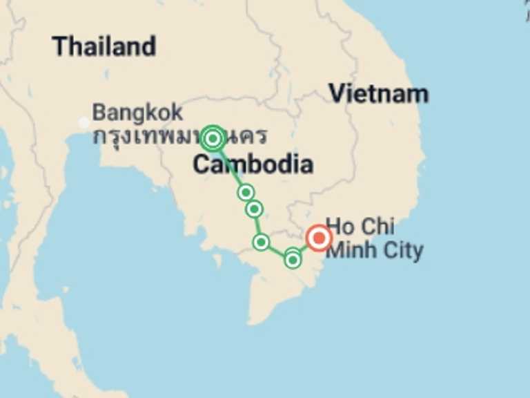 Map of Asia Tour with 6 destination visits for the trip: From the temples of Angkor to the Mekong Delta, experience unique and exotic end-of-year celebrations (port-to-port cruise)