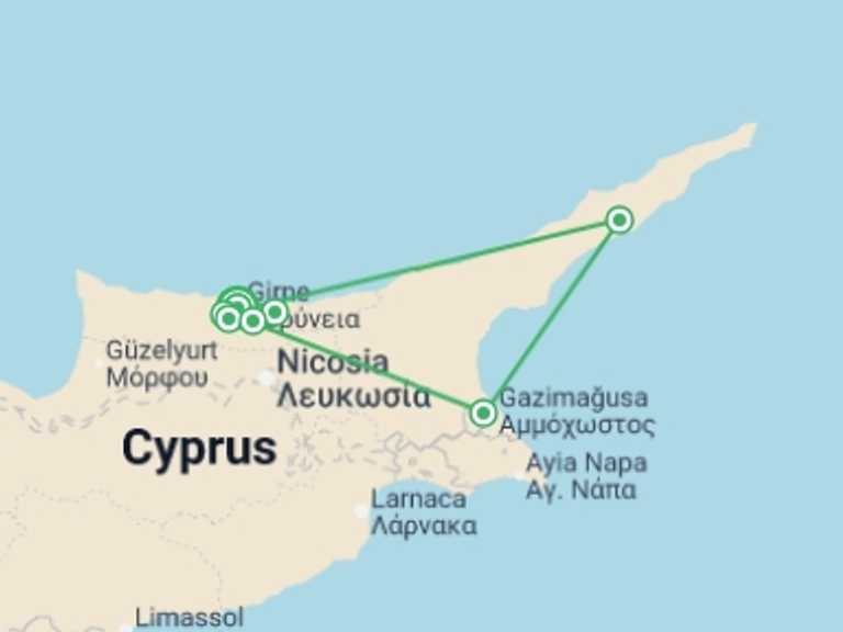 Map itinerary of Cyprus Tour in September 2025 with 7 destination visits for the trip: Walking in North Cyprus