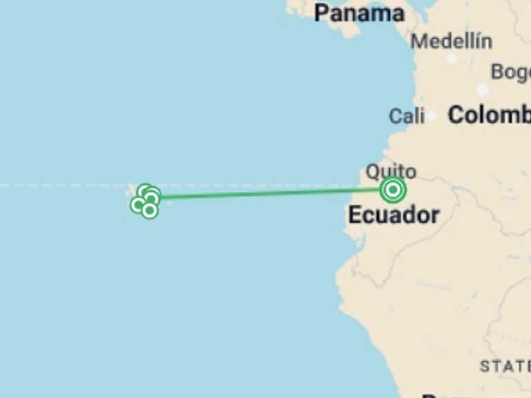 Map itinerary of Quito Tour in November 2025 with 8 destination visits for the trip: Classic Galapagos: Central Southern Islands (Grand Queen Beatriz)