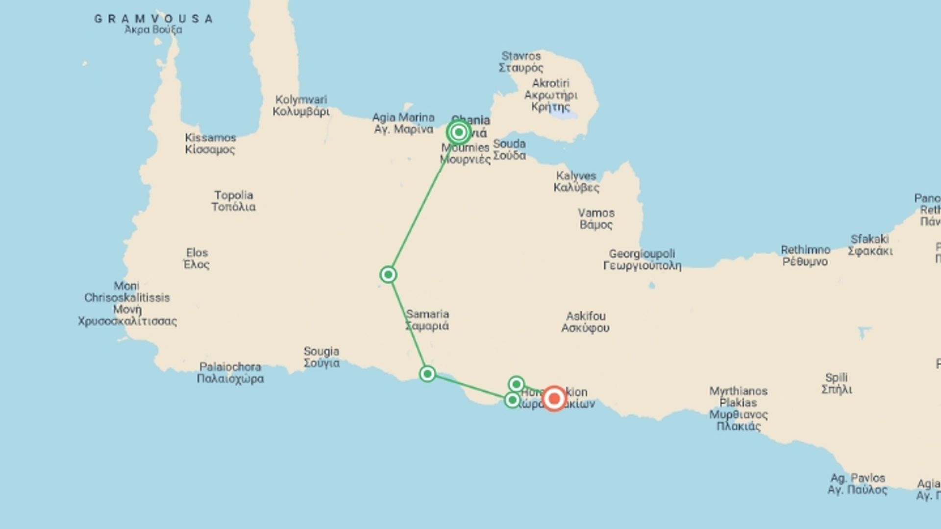 A map showing the tour itinerary for the trip: Exploring Crete, starting in Chania, Greece and ending in Chora Sfakion, Greece going through 5 other destinations.