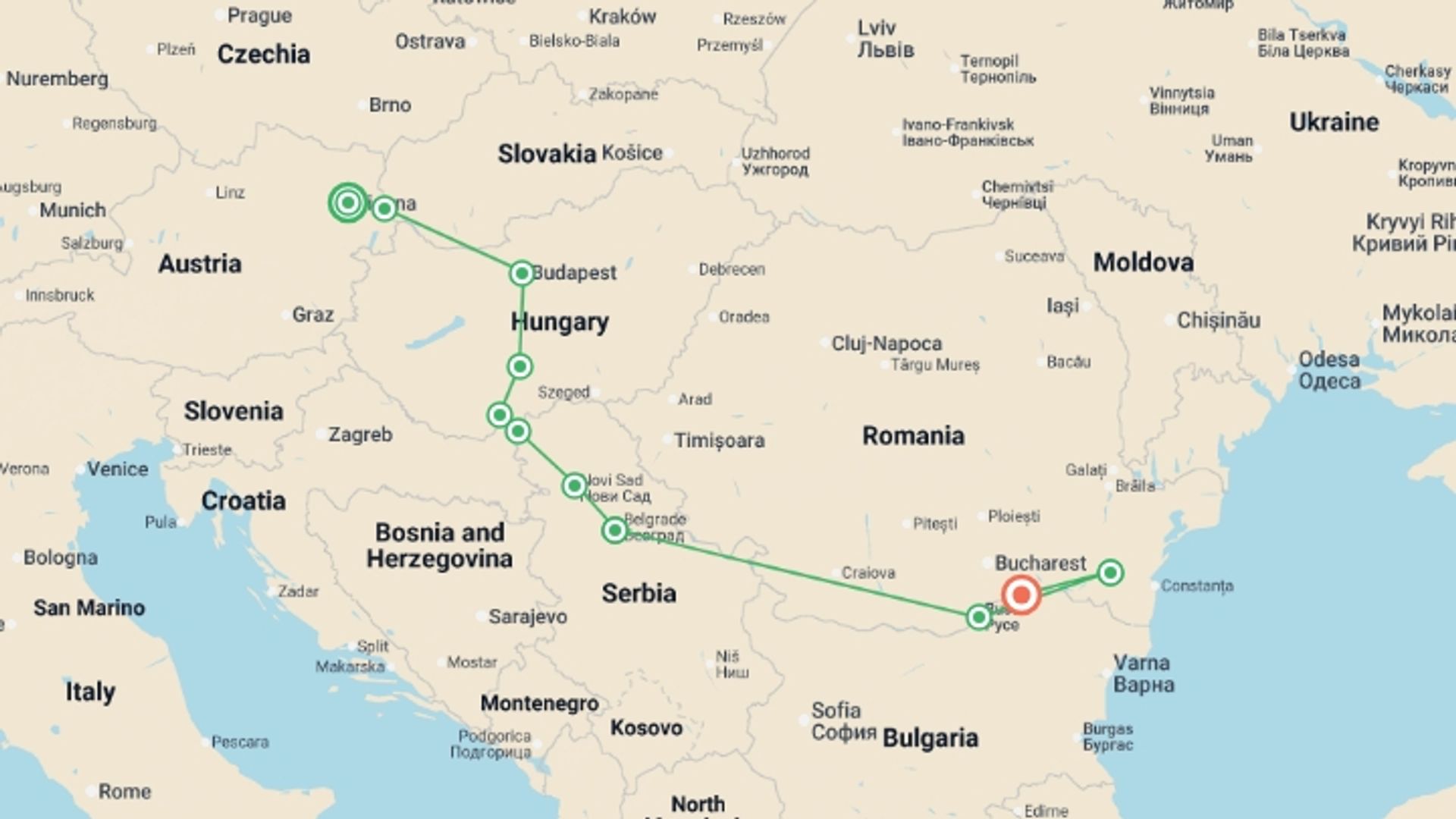 A map showing the tour itinerary for the trip: From the Blue Danube to the Black Sea (port-to-port cruise), starting in Vienna, Austria and ending in Oltnenita, Romania going through 7 other destinations.