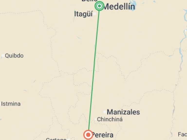 Map itinerary of South America Tour in Spring with 2 destination visits for the trip: 6-day Medellin & Pereira Coffee Region Experience, Private Tour